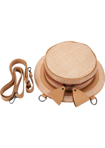 Moda Yuvarlak Hasır Çanta Kadın Tatil Sırt Çantası Bohemian Rattan Crossbody El Yapımı Dokuma Plaj Dairesel Kap Haki (Yurt Dışından)