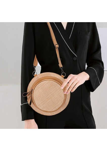Moda Yuvarlak Hasır Çanta Kadın Tatil Sırt Çantası Bohemian Rattan Crossbody El Yapımı Dokuma Plaj Dairesel Kap Haki (Yurt Dışından) fiyatları