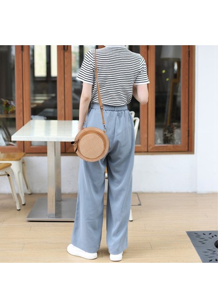 Moda Yuvarlak Hasır Çanta Kadın Tatil Sırt Çantası Bohemian Rattan Crossbody El Yapımı Dokuma Plaj Dairesel Kap Haki (Yurt Dışından) modelleri