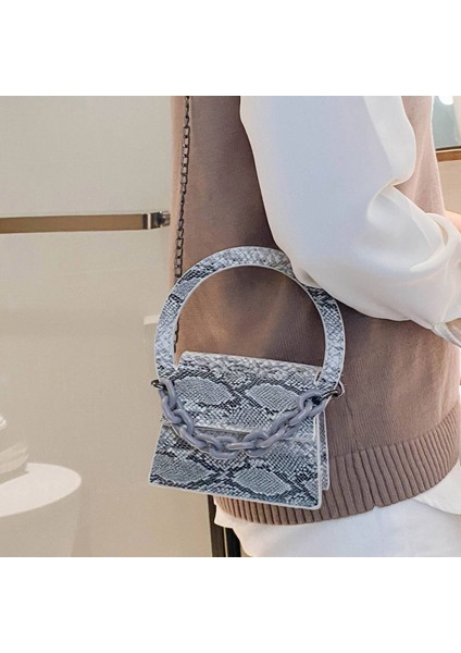 Bayan Pu Deri Yılan Desenli Messenger Çanta Zincirli Omuz Çantası Açık Gri (Yurt Dışından) modelleri