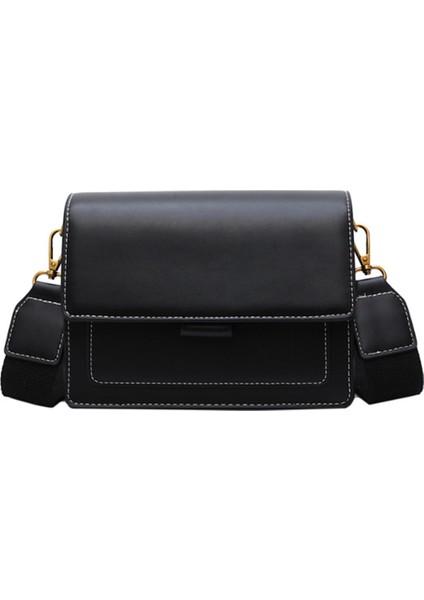 Kontrast Renk Deri Crossbody Çanta Kadınlar Için Seyahat Çanta Moda Basit Omuz Çantası (Siyah) (Yurt Dışından)