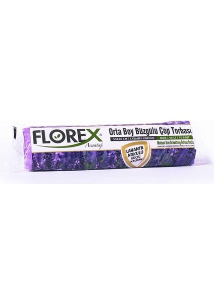 Florex 40 Litre Büzgülü Lavanta Kokulu Çöp Torbası Poşeti  55 x 60 cm  10 Adetlik 2 Rulo