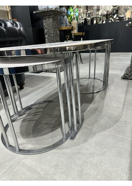 Oval 2+1 Orta Sehpa Krom Beyaz Mermer