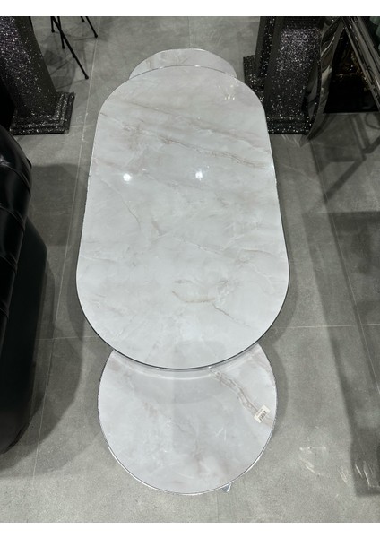 Oval 2+1 Orta Sehpa Krom Beyaz Mermer fiyatları