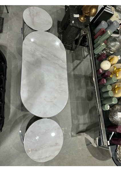 Oval 2+1 Orta Sehpa Krom Beyaz Mermer fırsatları