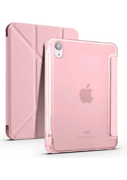 Apple iPad Mini 2021 (6.nesil) Uyumlu Tablet Kılıf Tri Folding Kalem Bölmeli Kılıf, Rose Gold