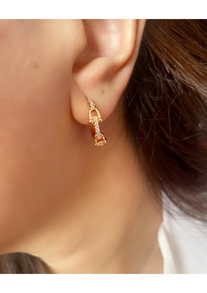 Çelik Zirkon Taşlı T Tasarım Marka Model Premium Küpe Gold