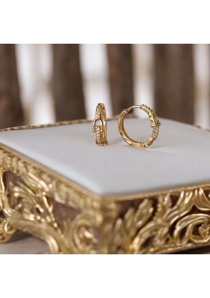 Çelik Zirkon Taşlı T Tasarım Marka Model Premium Küpe Gold