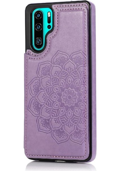 Huawei P30 Desen Çiçek Çift Düğmeler Için Kart Tutucu Kılıf ile Cüzdan (Yurt Dışından)