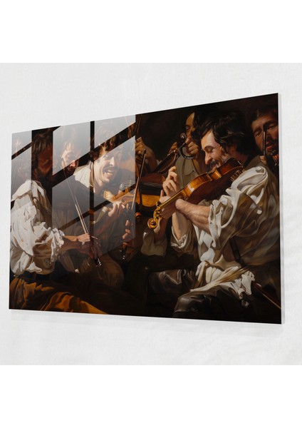 Caravaggio Stili Cam Sanatı - Canlı Sahnede Müzisyen Grubu - Caravaggio, Chiaroscuro Tekniği, Caravaggio Stili, Müzik Teması, 45 x 30 cm