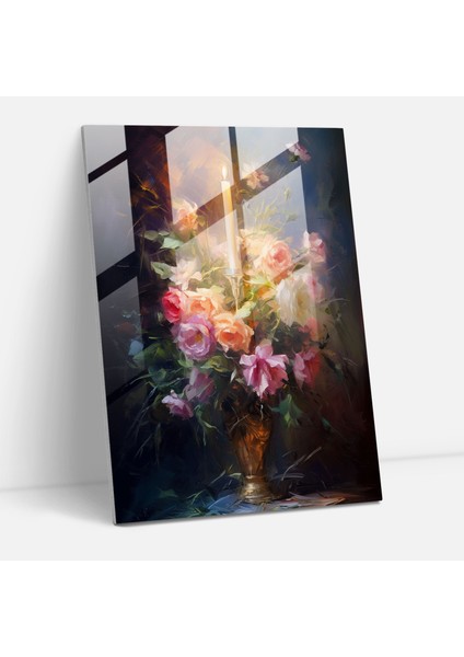 Cam Sanatı Buket ve Mum - Mum, Duvar Süslemesi, Mum, Modern Sanat, 30 x 45 cm