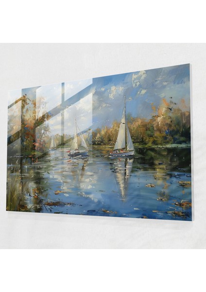 Claude Monet Cam Duvar Sanatı Gölde Yelkenli - Claude Monet, Cam Duvar Sanatı, Duvar Dekorasyonu, Modern Sanat, 45 x 30 cm
