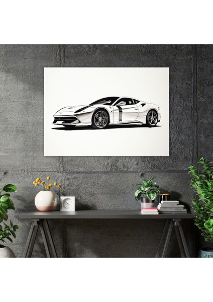 Ferrari Minimalist Duvar Sanatı - Ferrari, Ev Dekorasyonu, Temiz Çizgiler, Minimalist Siyah Beyaz Eskiz, 50 x 30 cm modelleri
