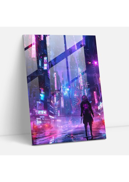 Fütürizm Sanat Tarzı Cam Sanatı - Fütürizm, Fütüristik Robot, Neon Işıklı, Fütürizm Sanat Tarzı, 50 x 70 cm