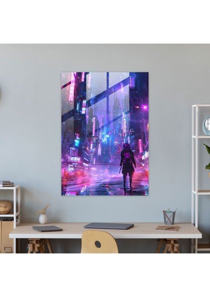 Fütürizm Sanat Tarzı Cam Sanatı - Fütürizm, Fütüristik Robot, Neon Işıklı, Fütürizm Sanat Tarzı, 50 x 70 cm modelleri