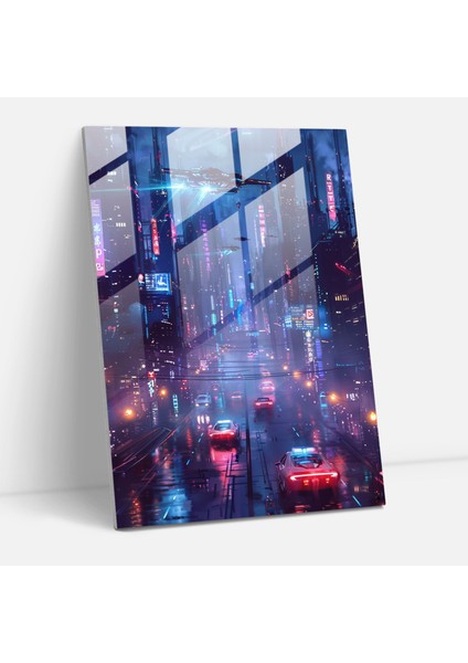 Neon Şehir Cam Duvar Sanatı - Fütürizm, Uçan Arabalar, Fütürizm Sanat Tarzı, Cam Duvar Sanatı, 30 x 45 cm