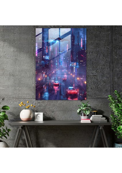 Neon Şehir Cam Duvar Sanatı - Fütürizm, Uçan Arabalar, Fütürizm Sanat Tarzı, Cam Duvar Sanatı, 30 x 45 cm
