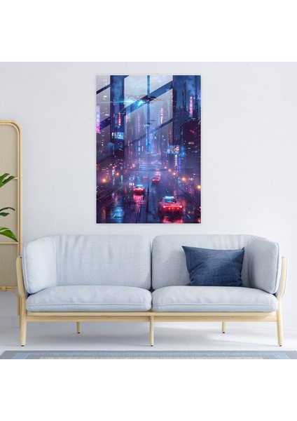 Neon Şehir Cam Duvar Sanatı - Fütürizm, Uçan Arabalar, Fütürizm Sanat Tarzı, Cam Duvar Sanatı, 30 x 45 cm