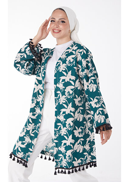 Düz Orta Kadın Yeşil Püsküllü Kimono - 13217