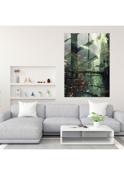 Fütürizm Duvar Dekorasyonu - Fütürist Bir Dünyada Uzaylı Benzeri Yaratıklar - Fütürizm, Cam Duvar Sanatı, Cam Sanatı, Cam Baskı, 30 x 45 cm