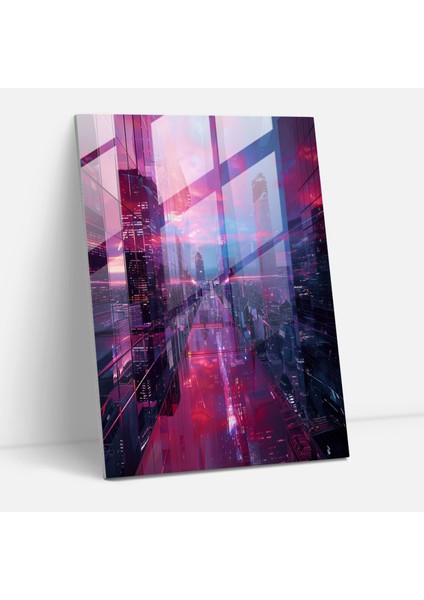 Fütürizm Ev Dekorasyonu - Neon Işıklı Fütüristik Şehir Manzarası - Fütürizm, Ev Dekorasyonu, Cam Sanatı, Cam Duvar Sanatı, 30 x 45 cm