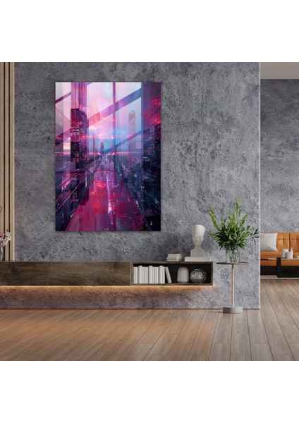 Fütürizm Ev Dekorasyonu - Neon Işıklı Fütüristik Şehir Manzarası - Fütürizm, Ev Dekorasyonu, Cam Sanatı, Cam Duvar Sanatı, 30 x 45 cm fiyatları