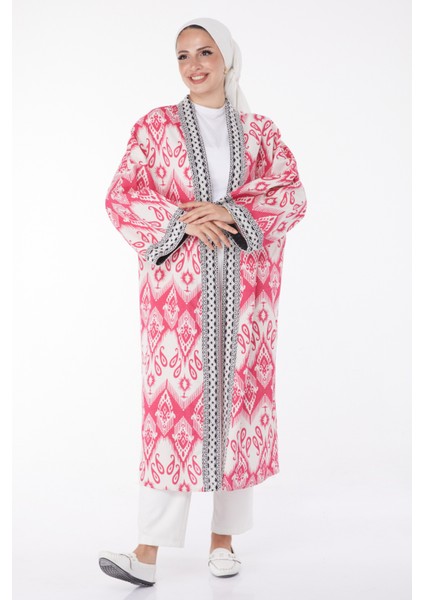 Düz Orta Kadın Fuşya Desenli Kimono - 13231