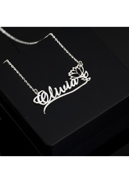925 Ayar Gümüş Lotus Çiçeği Isim Kolye Özel Tasarım
