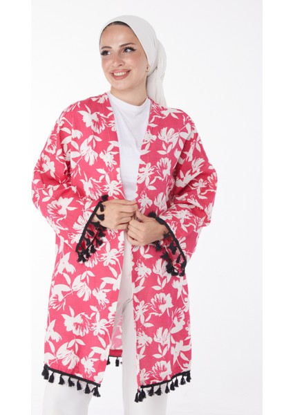 Düz Orta Kadın Fuşya Püsküllü Kimono - 13217