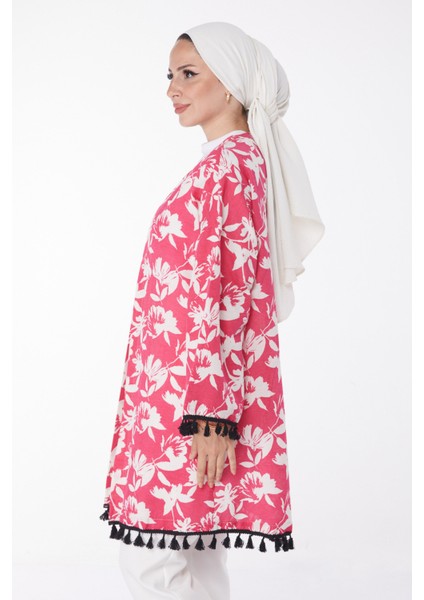 Düz Orta Kadın Fuşya Püsküllü Kimono - 13217