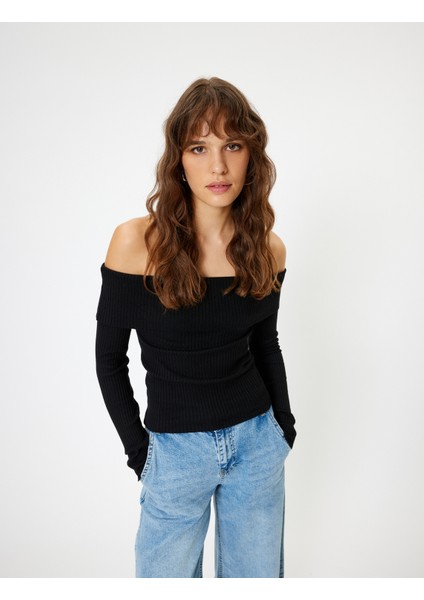 Triko Omzu Açık Kazak Kat Detaylı Fitilli Uzun Kollu