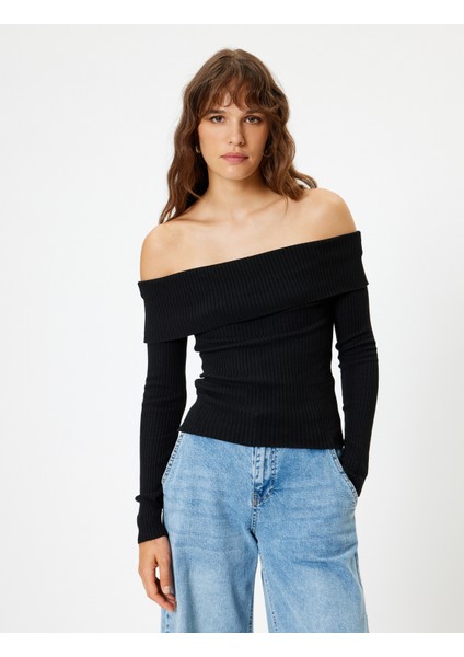 Triko Omzu Açık Kazak Kat Detaylı Fitilli Uzun Kollu modelleri