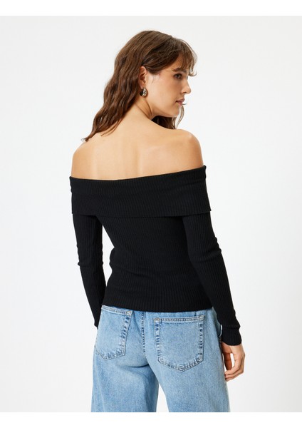 Triko Omzu Açık Kazak Kat Detaylı Fitilli Uzun Kollu fırsatları