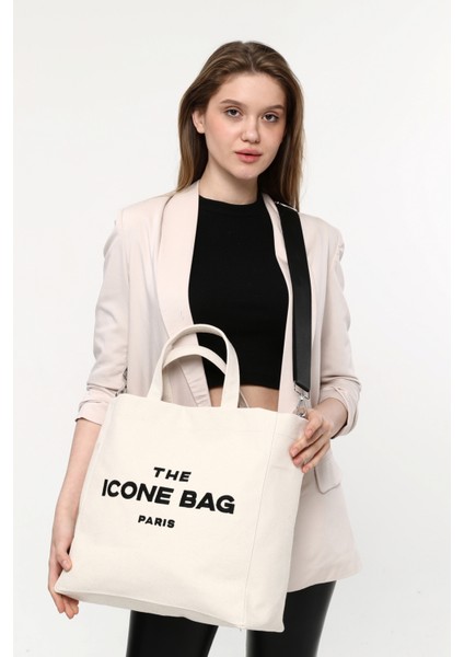 Bej The İcone Bag Bag Paris Işlemeli Tote Kadın Kol Çantası ve Omuz Çantası
