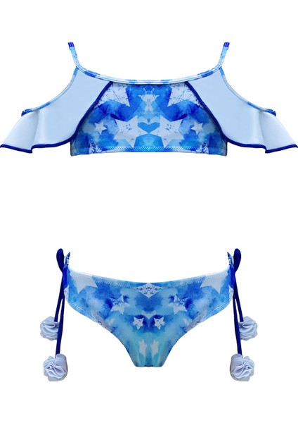 Halter Yaka Fırfırlı Yıldız Baskılı Ponpon Detaylı 50UV Kız Çocuk Bikini Takımı BY NESSI BYRD