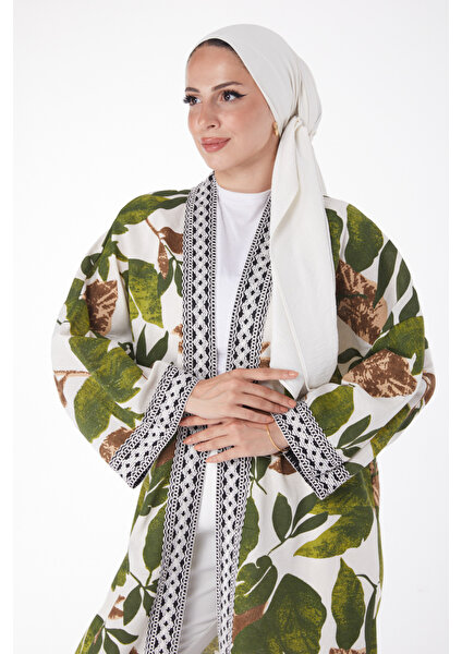 Düz Orta Kadın Haki Desenli Kimono - 13233