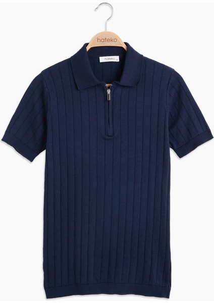 Erkek Lacivert Pamuk Yarım Fermuarlı Polo Triko Tişört