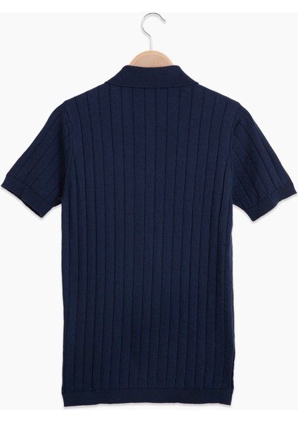 Erkek Lacivert Pamuk Yarım Fermuarlı Polo Triko Tişört
