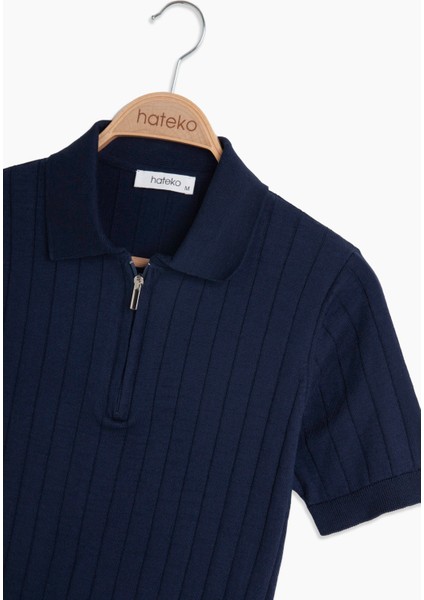 Erkek Lacivert Pamuk Yarım Fermuarlı Polo Triko Tişört