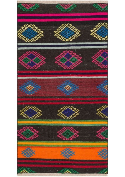 El Dokuma Çok Renkli Çiçekli Desen Vintage Kilim