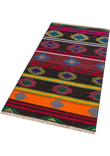 El Dokuma Çok Renkli Çiçekli Desen Vintage Kilim