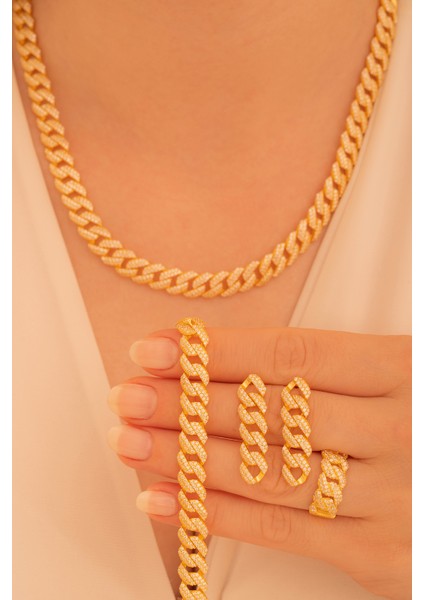 Kadın Gümüş Set - 22 Ayar Gerçek Altın Kaplama (Kararmaz) Taşlı Gurmet Model Gümüş Set