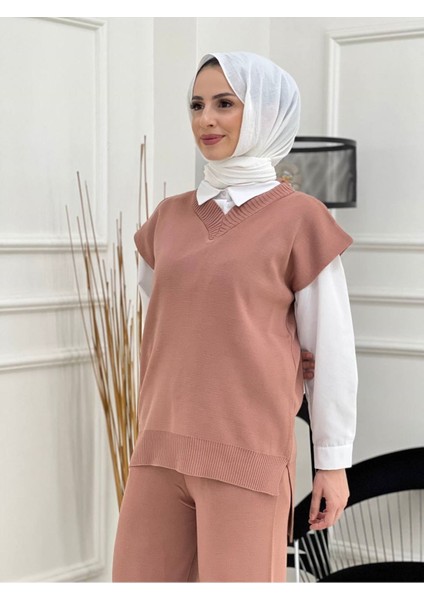 V Yaka Süveter Pantolon Ikili Triko Takım- Camel