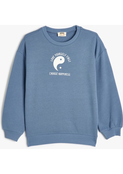 Sweatshirt Baskı Detaylı Uzun Kollu Bisiklet Yaka Şardonlu