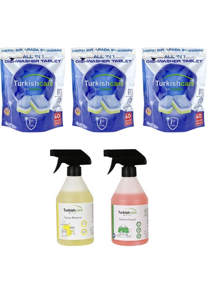 Bulaşık Makinesi Tableti 40 Lı x 3 Ad + Yağ ve Mutfak Temizleme Spreyi  500 ml x 2 Adet