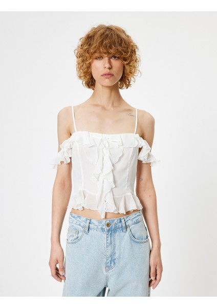 Omuzları Açık Fırfırlı Bluz Crop Ince Askılı modelleri