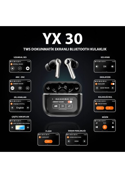 Yx - 30 Dokunmatik Ekranlı Bluetooth Kulaklık Kablosuz Kulak Içi V5.3 Tws Beyaz