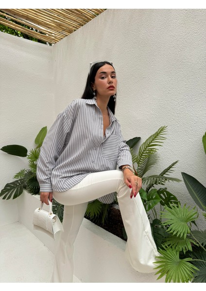 Gri Beyaz Çizgili Oversize Cepli Gömlek 27135