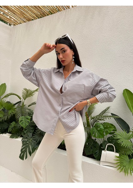 Gri Beyaz Çizgili Oversize Cepli Gömlek 27135 fiyatları