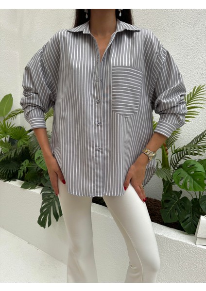 Gri Beyaz Çizgili Oversize Cepli Gömlek 27135 modelleri